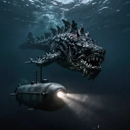 a huge underwater creature appearing from the dark next to a submarine illuminating it with headlights, Thalassophobia, hyperrealistic, terrifying, dark, underwater, ocean, scary, shadows, cinimatic, 8k,