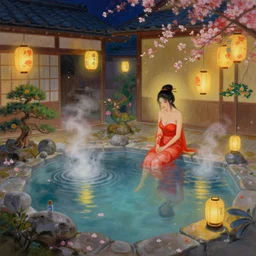 painting of female warrior bathing in private magical empty onsen next to japanese inn with levitating lanterns and flowers by greg rutkowski craig mullins ross tran mucha cozy hot springs bonsai zen garden steamy flowers japanese motifs lumen reflections concept art clear focus fantasy specular lighting global illumination trending on artstation