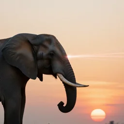 side profile of an elephant shooting lasers from it's eyes, sunset in the background