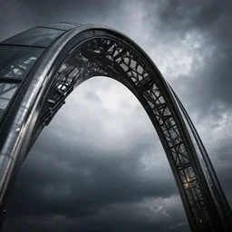 Futuristic iron arch that reflects the sky, dramatic photo, high contrast