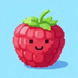 ultra beautiful digital pixel art of a red raspberry with a happy face on a light blue background