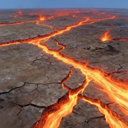 ground cracked open, fissures, magma glow, fire, destruction, incandescent leylines, landscape painting by chuck jones makoto shinkai
