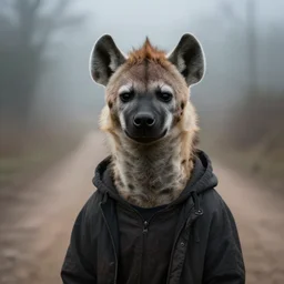 foggy dirt road portrait of moderately stocky furry anthro anthropomorphic spotted hyena head animal person fursona wearing clothes horror gloomy digital art bokeh depth of field photo by Greg Rutkowski, Simon Stalenhag, christopher nolan trending on Artstation, CGSociety