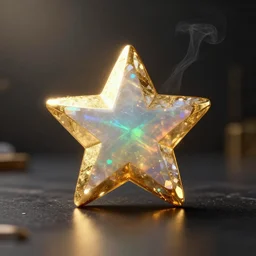gold star emoji, translucent colorful precious crystal on a dark table, ray - tracing, beautiful, black opal, sharp focus, octane render, beautiful hdr 8 k, moody dark environment realistic, specular, detailed, unreal engine 5, golden hour, magical shimmering effect, light smoke, modern background wallpaper, wlop, chebokha, rutkowski