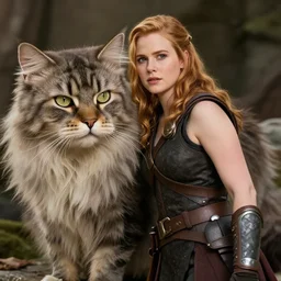 amy adams as an amazon warrior leaning against her giant fluffy cat, highly detailed, magali villeneuve, 1 9 6 0