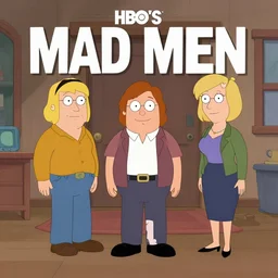 the animated series of hbo's mad men, animated in the style of brickleberry and paradise pd, adult animated mad men sitcom, featuring the voices of jon hamm and christina hendricks, low budget adult cartoon adaptation of hbo's mad men, hd promotional image for upcoming cartoon pilot episode premier on comedy central and hbo max