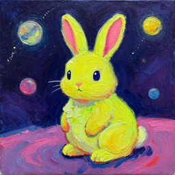 a textured impasto painting of a bunny in space. whimsical, amazing, fluorescent vibrant pleasing fantastic bunny