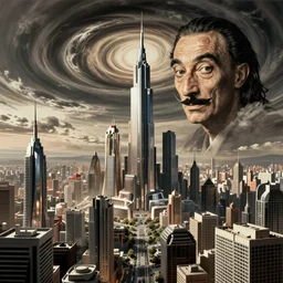 surreal futuristic city landscape, surrealism, michael hutter. ralph mcquarrie, swirly sky, esao andrews, victor enrich, dali