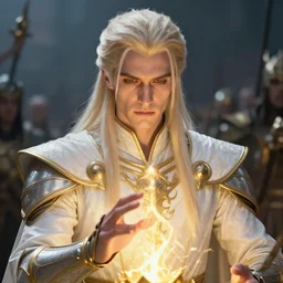 closeup of an aasimar man with platinum blonde hair wearing white and gold vestments under armor casting a holy ritual with golden magic on a battlefield, detailed, realistic, Greg Rutkowski, 4k, pensive, dungeons and dragons, dramatic lighting, trending on Artstation, sharp focus, elegant