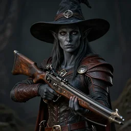 a female drow elf, dark grey skin, serious face, holding a detailed and realistic crossbow, wearing a witch hat, hunter, leather armor, medieval, style by donato giancola, wayne reynolds, jeff easley dramatic light, high detail, cinematic lighting, artstation, dungeons and dragons