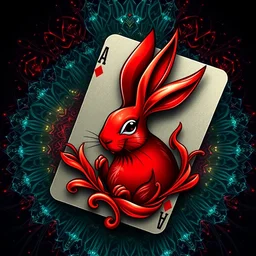 a poker card with a red rabbit logo design, colourful generative art background, vintage style, art piece, portrait, super detailed, ultra realistic