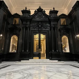 the grand black ebony castle entrance, marbme floors, art by kotaro chiba, volumetric lighting, epic composition