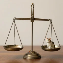 set of balance scales weighing cow figurine and cat figurine, libra