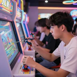young people playing arcade machines, airbrush