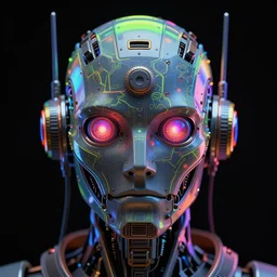 hyperdetailed portrait of an atompunk robot head, 8 k, symetrical, flourescent colors, halluzinogenic, black background
