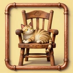 a cat character laying, wood carved chair, super powers, concept art, by greg rutkowski, old copper pipes, complementing colors