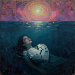 despair, drowning, alone. a shattered broken empty heart, the weeping visage of a longing dreamer in desolation. cosmic void, abyssal ocean depths, art nouveau art deco, vibrant dark emotional composition, dark pastel palette, murky, inspired by jackson pollock and edvard munch and rebecca guay and carl critchlow. a feeling of glimmering hope in the diffuse distance of the inky deep waters