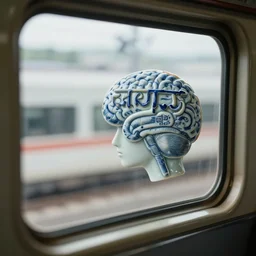 fuji gfx, closeup, tilt shift, shinkansen window view ; beautiful hyperrealistic film still from devanagari movie new scene directed by tati in style of 1 9 9 0 s frontiers in miniature porcelain kintsugu macro design magazine seinen manga edition, real - life of porcelain sci - fi font brain map sign, highly detailed