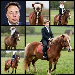collage of Elon Musk riding a too small pony