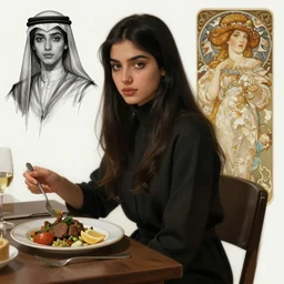 arab girl eating dinner, character sheet, character design, contrast, deep focus, turnaround, highly detailed, dramatic lighting, digital painting, artstation, concept art, matte, sharp focus, illustration, elegant, art by artgerm and greg f and alphonse mucha.