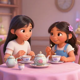 Meilin Lee from Turning Red and Mirabel Madrigal from Encanto having a tea party, 8k, ultra realistic, highly detailed