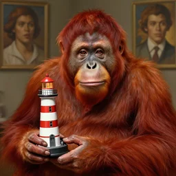 red orangutan in librarian costume holding lighthouse toy, realistic portrait, highly detailed, digital painting, artstation, concept art, smooth, sharp focus, illustration, cinematic lighting, art by artgerm and greg rutkowski and alphonse mucha