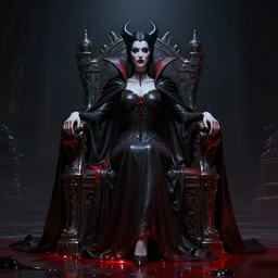 vampire queen, seated on a throne of blood, infinite detail, full shot, smooth, sharp focus, illustration, rembrandt lighting, dark mood, mysterious, concept art, unreal engine 5, 8 k, art by roger dean and leonardo da vinci