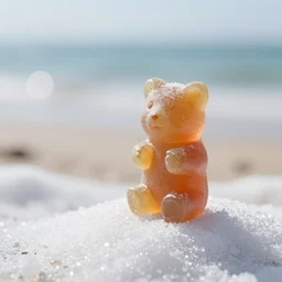 5 5 mm macro photo of an lifesize magical gummi bear standing, holding out its hands for a hug, on the gentle hill of white sugar. at the beach. dof. bokeh. sharp focus, highly detailed 8 k. intricate. lifelike. soft light. cinematic lighting.