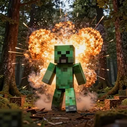 a photo of a Minecraft Creeper in real life exploding in the middle of the woods
