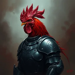 beautiful red rooster wearing medieval suit of armor, illustration, concept art, art by wlop, dark, moody, dramatic