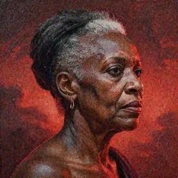 a painting of a lantina elder woman by Kara Walker . details, smooth, sharp focus, illustration, realistic, cinematic, artstation, award winning, rgb , unreal engine, octane render, cinematic light, macro, depth of field, blur, red light and clouds from the back, highly detailed epic cinematic concept art CG render made in Maya, Blender and Photoshop, octane render, excellent composition, dynamic dramatic cinematic lighting, aesthetic, very inspirational, arthouse.