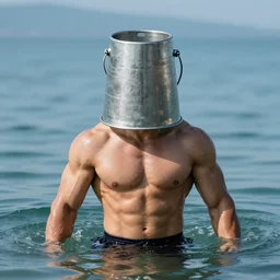 Muscular Man with a steel bucket instead of a head, emerging from the water