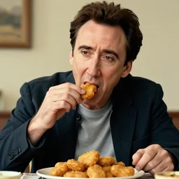 nicholas cage eating chicken nuggets. hyperdetailed photorealism