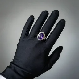 silver amethyst ring on a male hand in a beautiful black matte silk glove, cinematic lighting, misty, by leyendecker,