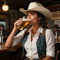 epic portrait cinematic shot an female cowgirl in a white blouse wearing a vest and a cowboy hat drinking foamy beer in a bar, wild west, sunny, shiny skin, beautiful, muscular, fine details. night setting. realistic shaded lighting poster by craig mullism, artgerm, jeremy lipkin and michael garmash, unreal engine, radiant light, detailed and intricate environment, digital art, trending on art station,