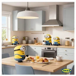 a realistic rendering of a kitchen interior, ikea photo catalogue, but there are minions cooking breakfast