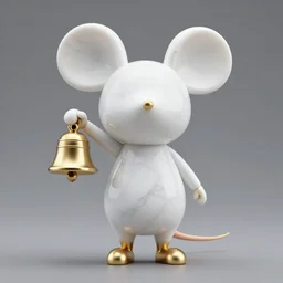 a modern art statue of cute mouse standing on two legs and holding a round bell made with white marble and gold, trending on artstation
