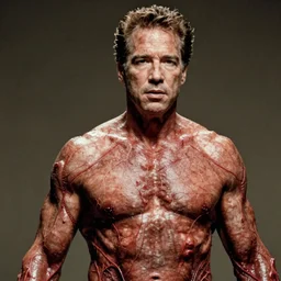 arnold schwarzenegger body horror directed by david cronenberg, limb mutations, swollen veins, red flesh strings, and cinestill 8 0 0 t, 1 9 8 0 s movie still, film grain