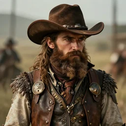 a beautiful steampunk cowboy with wild beard, trending on artstation