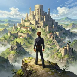 an ultra detailed matte landscape painting of an extremely tall and strong young man with short brown hair standing on a cliff overlooking a medieval capital built on top of many hills, italian renaissance architecture, epic anime fantasy, 8 k, volumetric lighting, smooth, highly detailed, digital illustration, art by kentaro miura and akira toriyama and artgerm