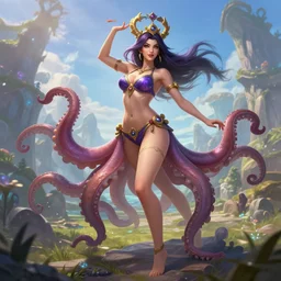 portrait of sorceress wearing an octopus bikini, full body shot, rule of thirds, action pose, amazing beautiful landscape in background, fantasy, league of legends hearthstone splash art, art by artgerm and greg rutkowski and chengwei pan and huang guangjian and viktoria gavrilenko, 8 k, intricately detailed, highly detailed, trending on artstation