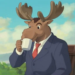 a moose in a suit and tie sipping coffee from a mug by miyazaki, anime