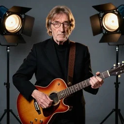 80 years old john lennon posing with a guitar , promo shoot, studio lighting