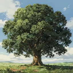 a giant tree in a field with a sky background, a detailed matte painting by kaii higashiyama, cgsociety, sosaku - hanga, matte painting, anime, concept art