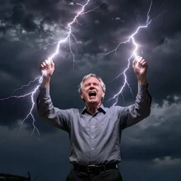 photograph of geert wilders standing, raising both hands, emitting lightning from both hands, shouting, atmospheric lighting, dark clouds, sinister