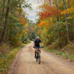 a painting of a person riding a bike down a dirt road surrounded by colorful trees, a hyper detailed matte painting by julian onderdonk, cgsociety, photorealism, reimagined by industrial light and magic, unreal engine 5, unreal engine, acid pixie