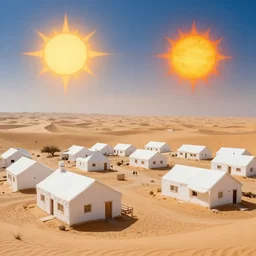 a village in the desert, white houses, two suns, star wars style