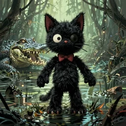 scared black cat-style voodoo doll in a swamp with a mean alligator in background, style of a horror comic book illustration by Gorey and Ditko, volumetric lighting, highly detailed
