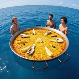 Floating spanish paellas over a blue ocean, Darek Zabrocki, Karlkka, Jayison Devadas, Phuoc Quan, trending on Artstation, 8K, ultra wide angle, pincushion lens effect.