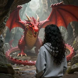 back view of a curly long black haired woman wearing grey hoodie facing a red dragon in a cave, digital art, trending on artstation, fantasy painting
